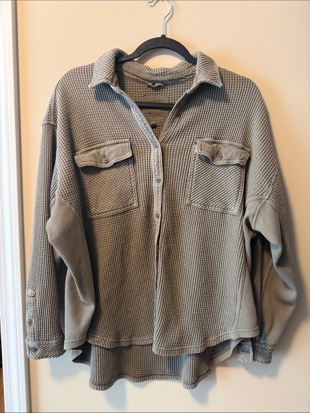 aerie Waffle Knit Button-Down Shirt Jacket in Light Taupe
